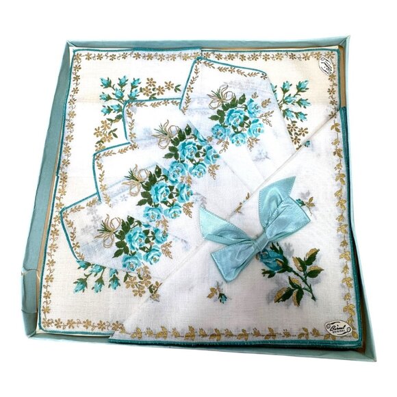Vintage Burmel Original Blue Roses Floral Handkerchief Collectible NEW Old Stock - Picture 1 of 3